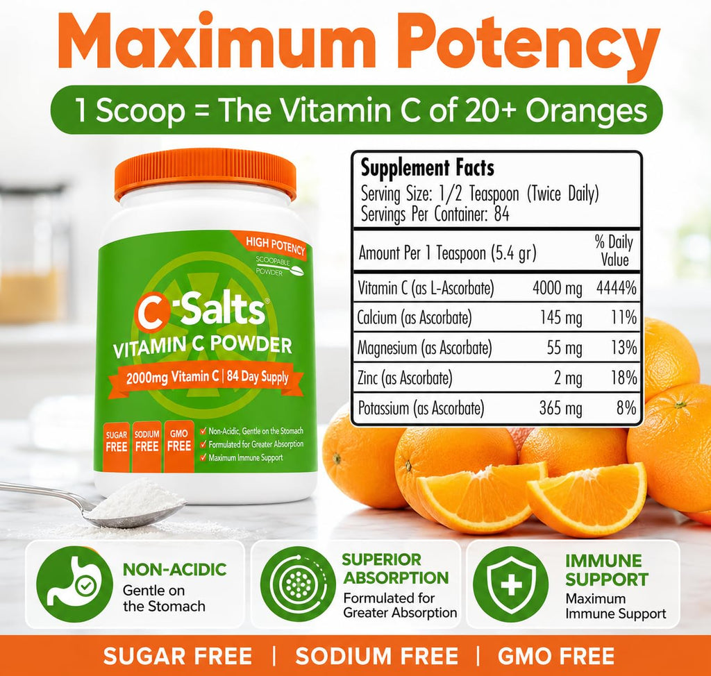 C-Salts Buffered Vitamin C Powder - Pure Organic, Stomach Friendly Ascorbic Acid VIT C Drink for Daily Immune Support & Collagen Production - Vegan Non GMO Sugar Free - 272 Servings Original, 26oz