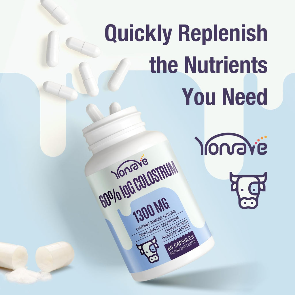 Yonrave Bovine Colostrum Capsules Supplement 1300mg - Extra High 60% IgG Bovine Colostrum - Gut, Bone, Exercise, Immune - 120 Capsules