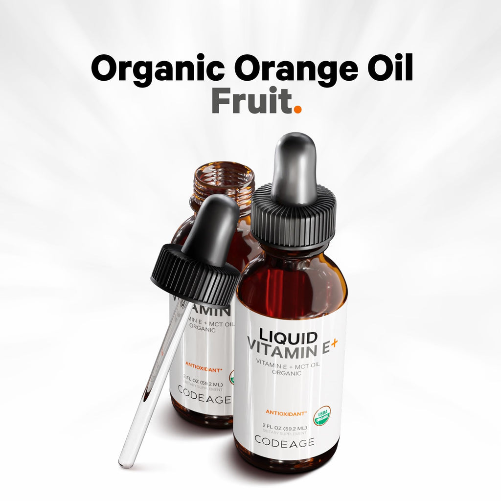 Codeage Liquid Vitamin E+ - USDA-Certified Organic Vitamin E - 2-Month Supply - D-Alpha Tocopherol Acetate, Organic MCT Oil, Orange Fruit Oil, Unflavored, Non-GMO, Vegan, Gluten-Free, 2 fl oz