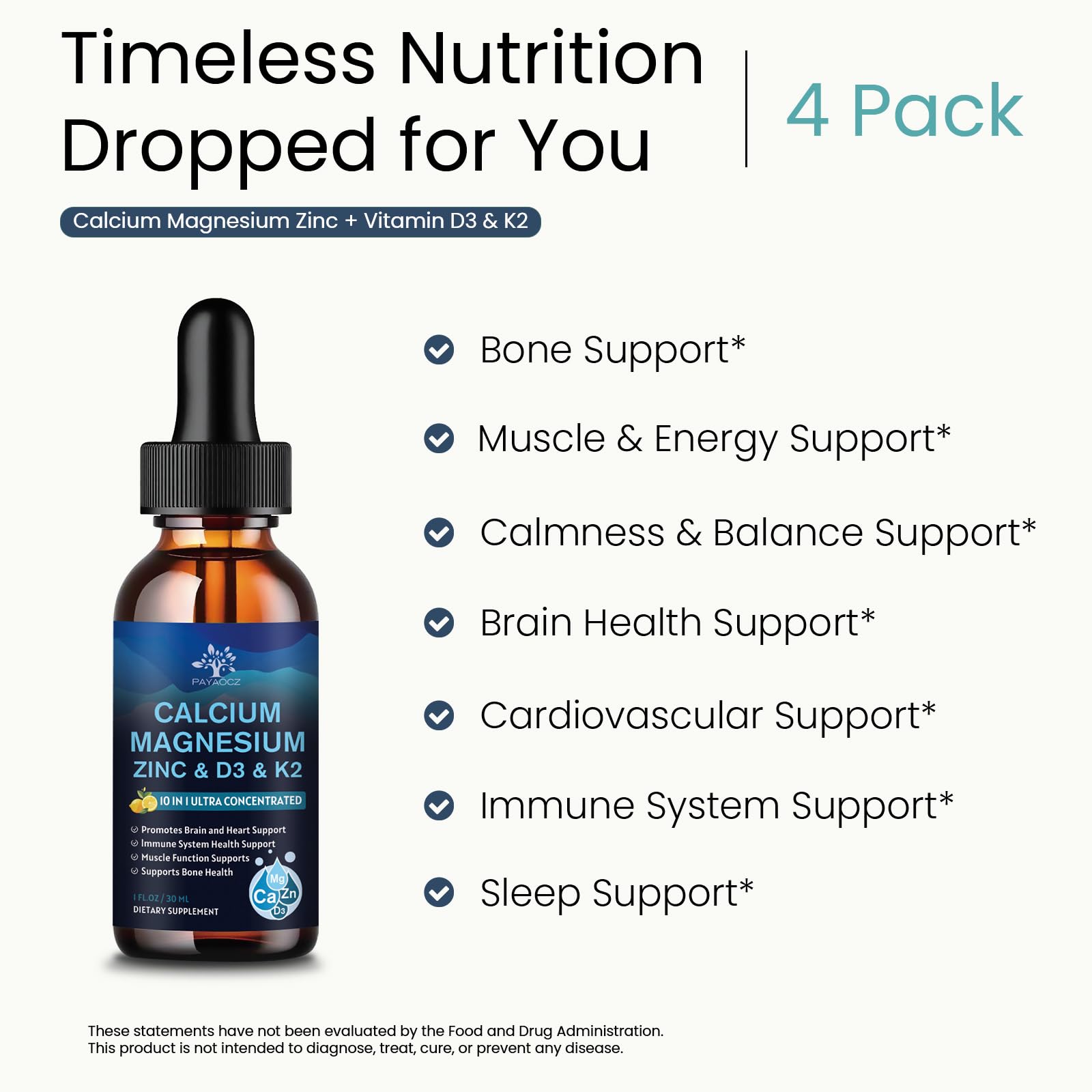 (4 Pack) 10 in 1 Calcium Magnesium Zinc Supplement, Magnesium Glycinate Complex Liquid Drops with Vitamin D3 K2 B6, Vegan Calcium Citrate Bone & Immune Health Support, Sleep & Cramps, Boron, 1 Fl Oz