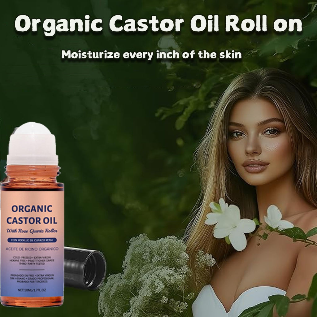 Organic Castor Oil with Rose Quartz Roll On For Face and Body Cold Pressed, Hexane Free, Unrefined - Stimulate Hair Growth, Moisturize Skin