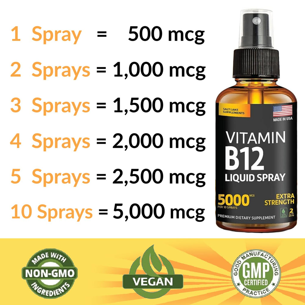 (2 Pack) - Liquid B12 Spray 5000 mcg - Vitamin B12 Sublingual - Vegan B12 Vitamin Spray - Methylcobalamin Vitamin B12 Liquid Boosts Energy & Mood - Gluten-Free & Non-GMO (5000 mcg in 10 Sprays)