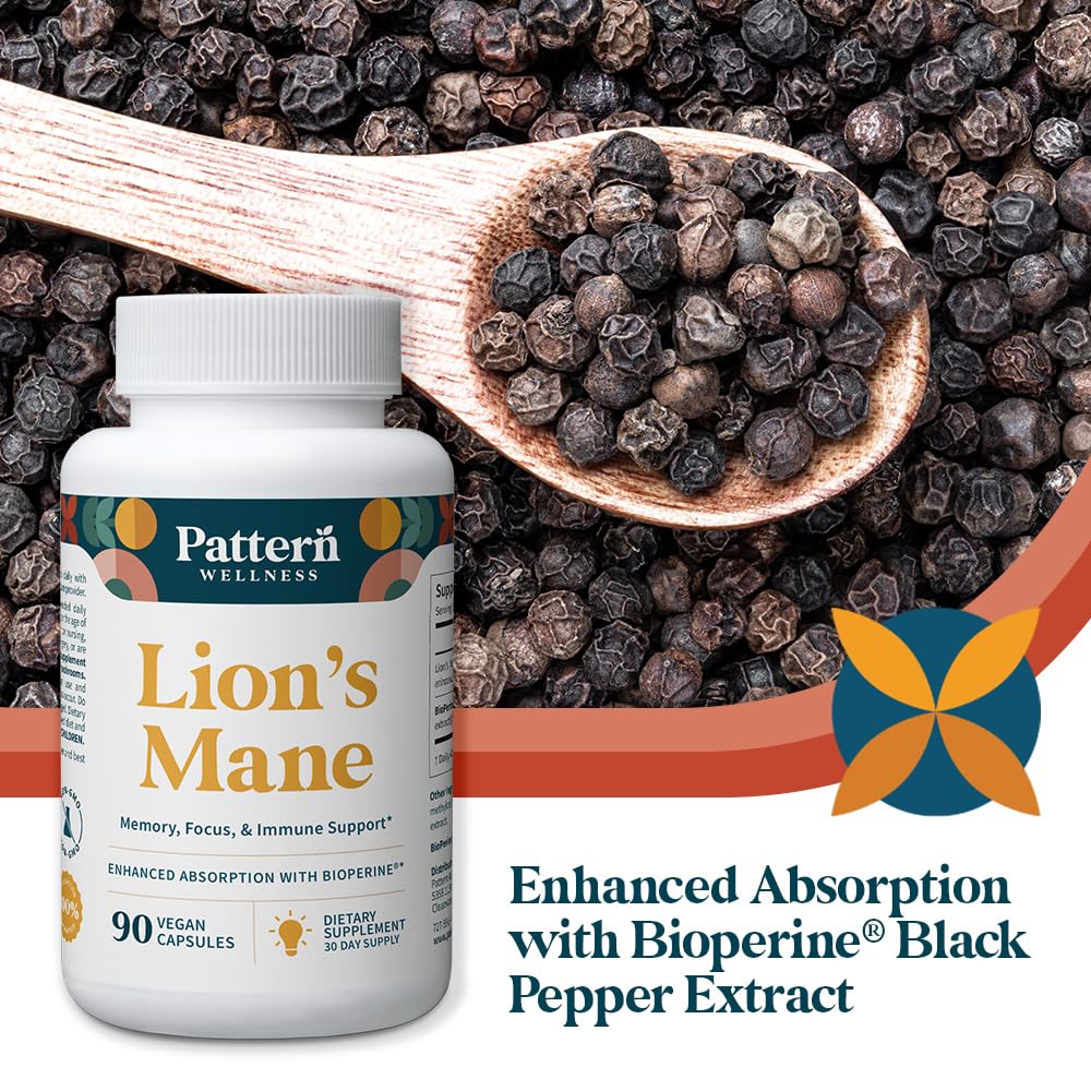 Pattern Wellness Lion’s Mane Mushroom Supplement – 90 Vegan Capsules