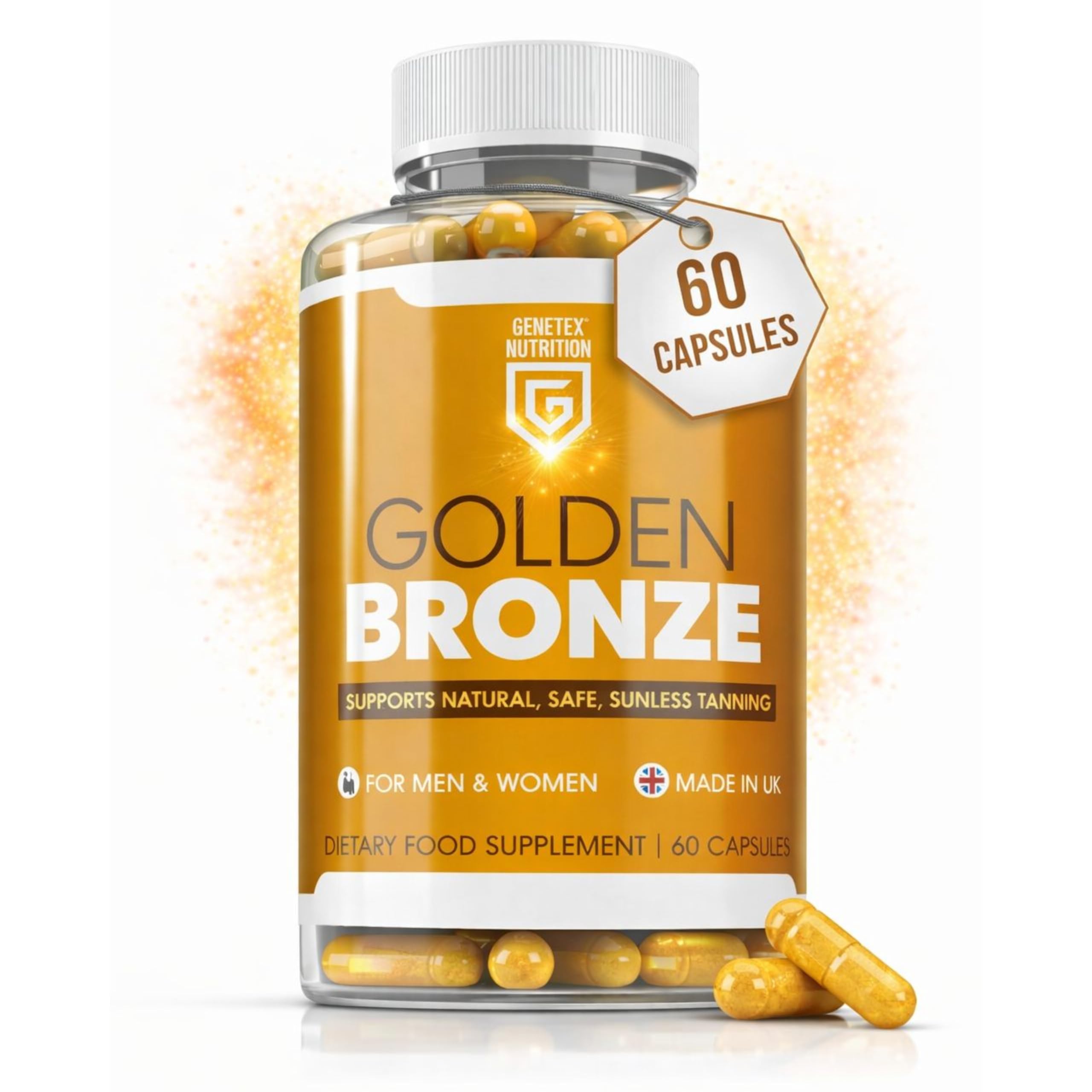 Golden Bronze Tanning Pills Supplement x 60 Capsules, Sunless & Safe Tan Melanin Accelerator Capsules, Tanning Pills for Healthy Natural Tan - Made in UK