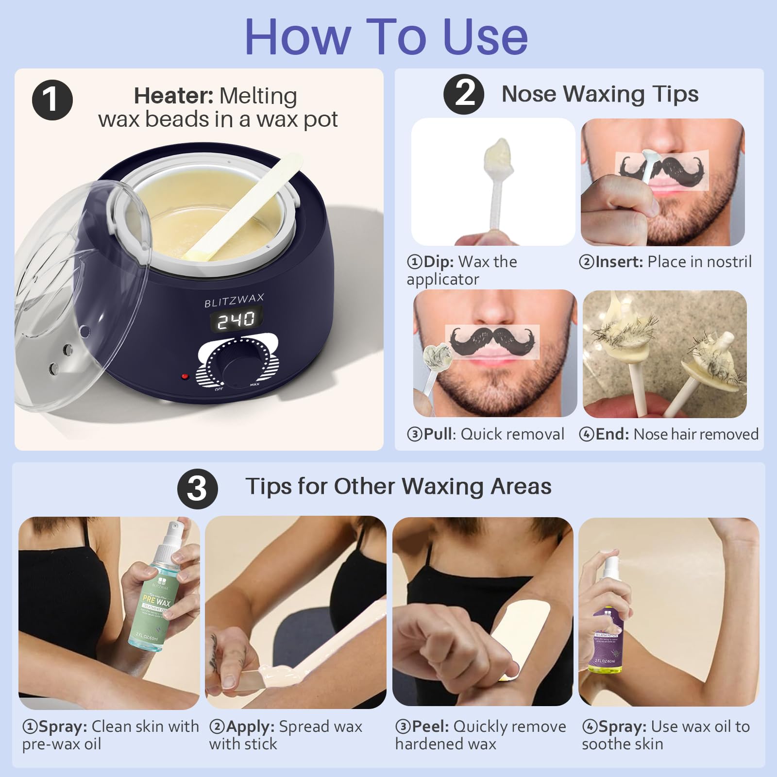 BLITZWAX Brazilian and Bikini Waxing Kit for Men, Hard Wax Warmer for Face, Legs, and Body, At Home Hair Removal Kit, Beginner Friendly, Quick Heating, 30 Nose Wax Sticks