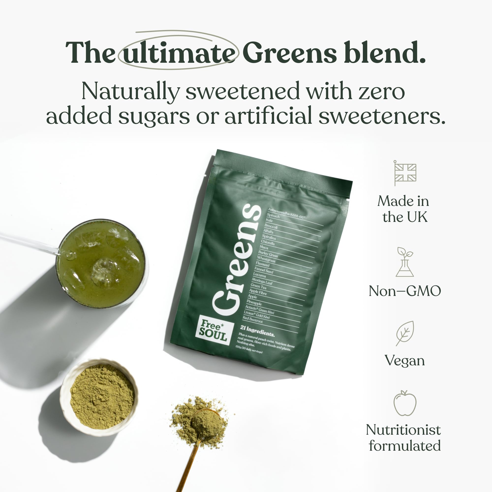 Free Soul Greens - 21 Advanced Greens, Superfoods, and Adaptogens Including KSM-66® Ashwagandha, Vegan & Gluten-Free, Advanced Natural Formula, UK Made, 30 Servings (Original)