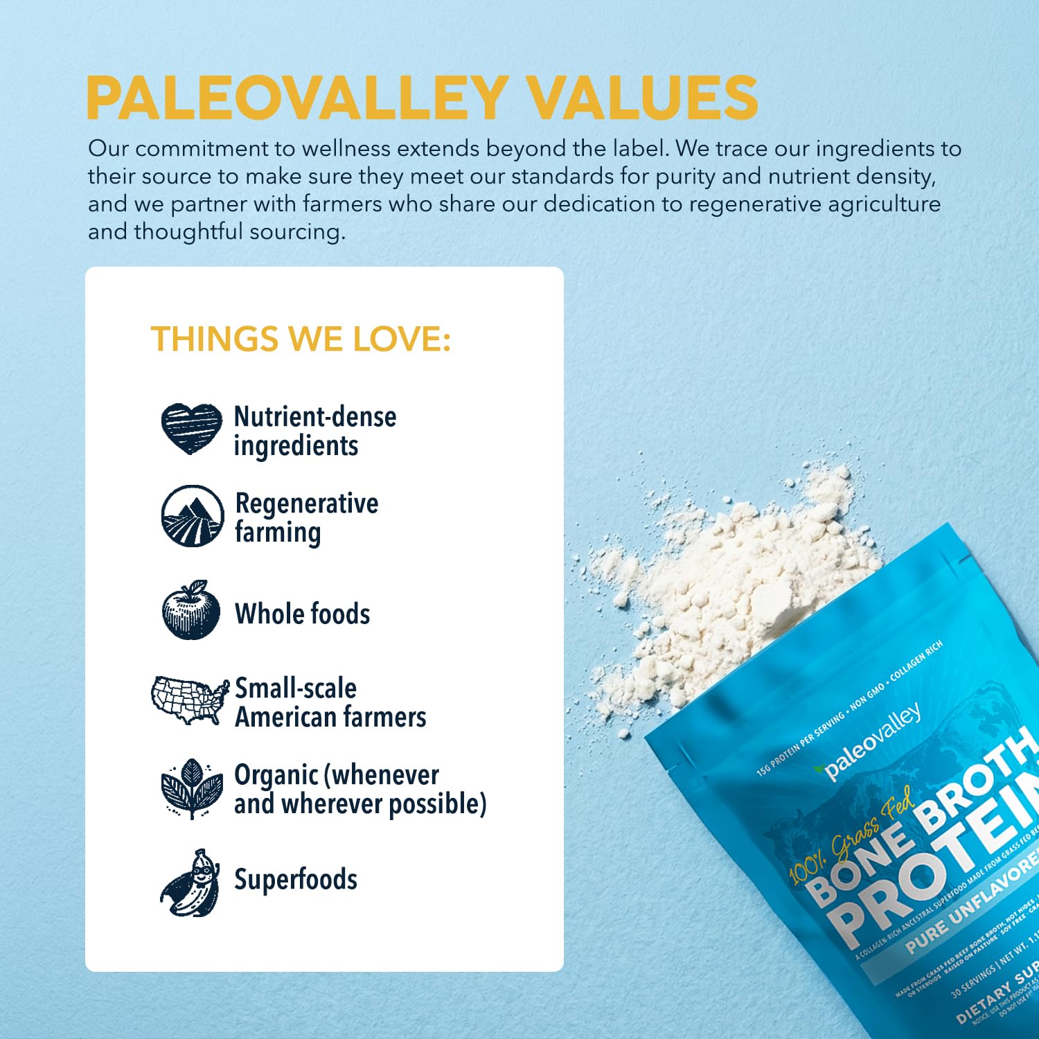 Paleovalley 100% Grass Fed Beef Bone Broth Protein Powder - Rich in Collagen Peptides for Hair, Skin, Gut Health, Bone and Joint Support - 15g Protein Per Serving - No Gluten or GMOs