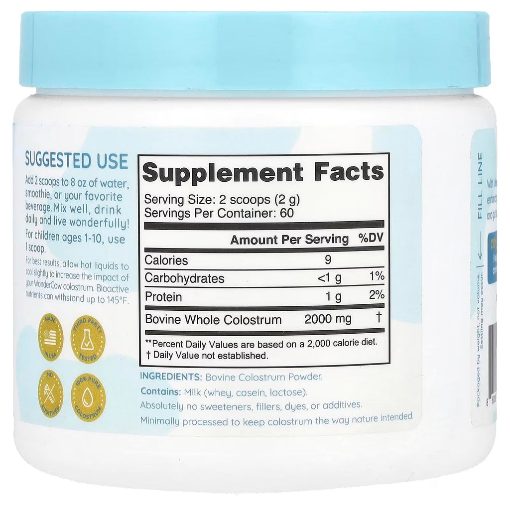 WONDERCOW Colostrum Supplement Powder for Gut Health, Immune Support & Wellness | Natural IgG Pure Whole Bovine Colostrum Superfood, Unflavored, 60 Servings