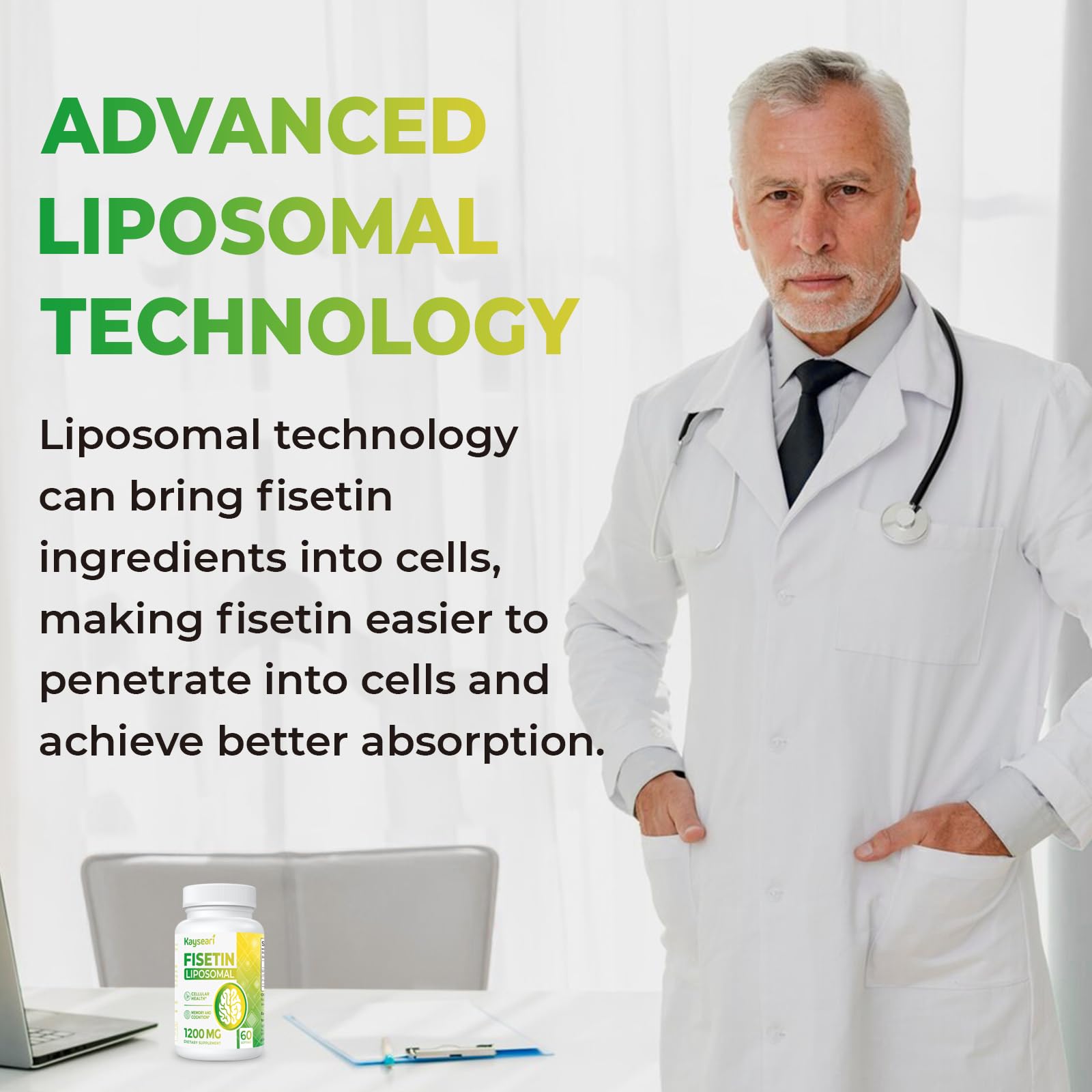 Kayseari Fisetin 1200mg Liposomal Fisetin Supplements 98% Pure Fisetin Polyphenols Antioxidants Immunity Health Aging Cognitive Support Non-GMO 120 Capsules