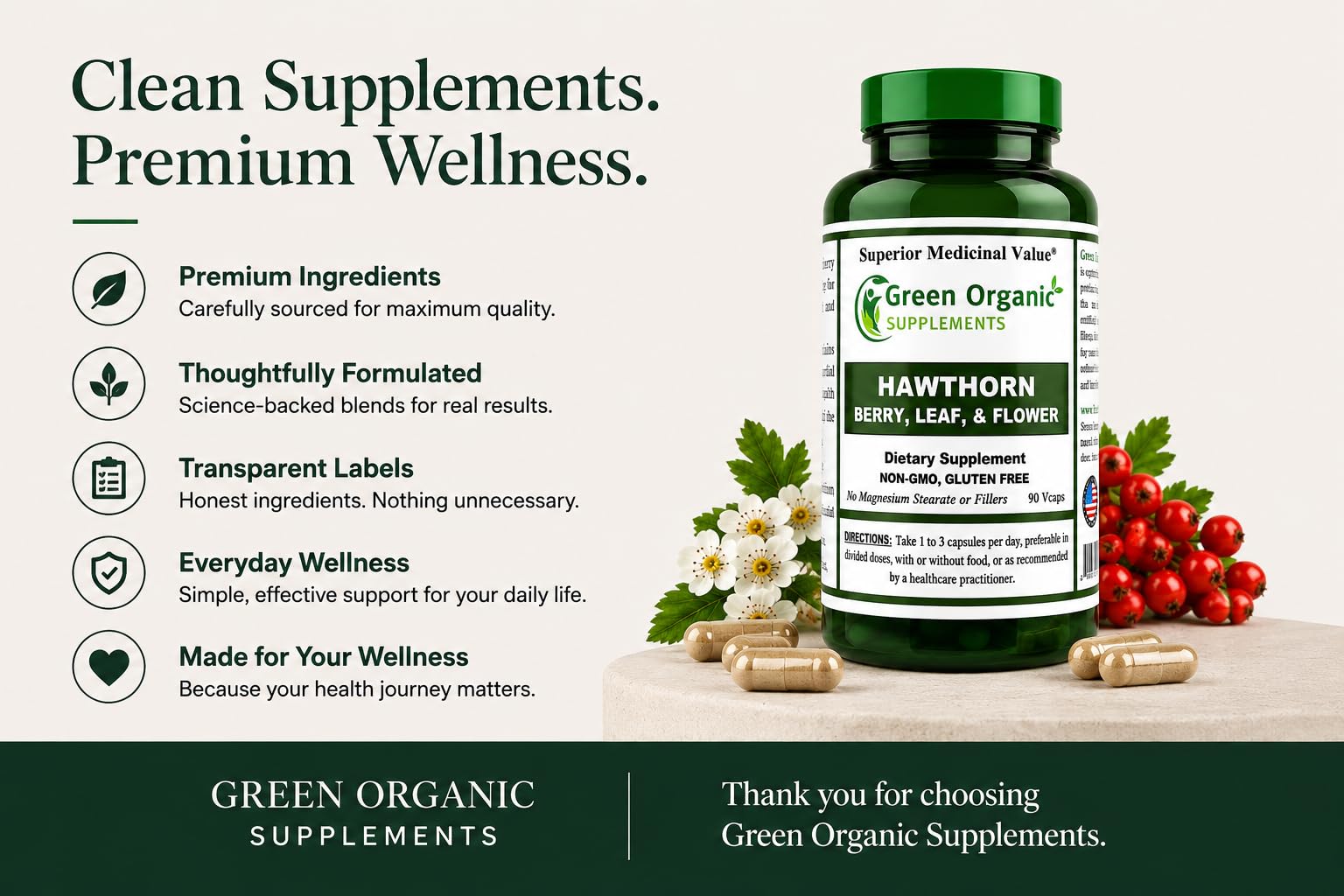 Green Organic Supplements Hawthorn Berry Capsules, Leaf, Flower, Hawthorn Supplements Contains 90 Capsules, Natural Hawthorn Herbs for Cardiovascular Health & Natural Heart Care (Pack of 2)