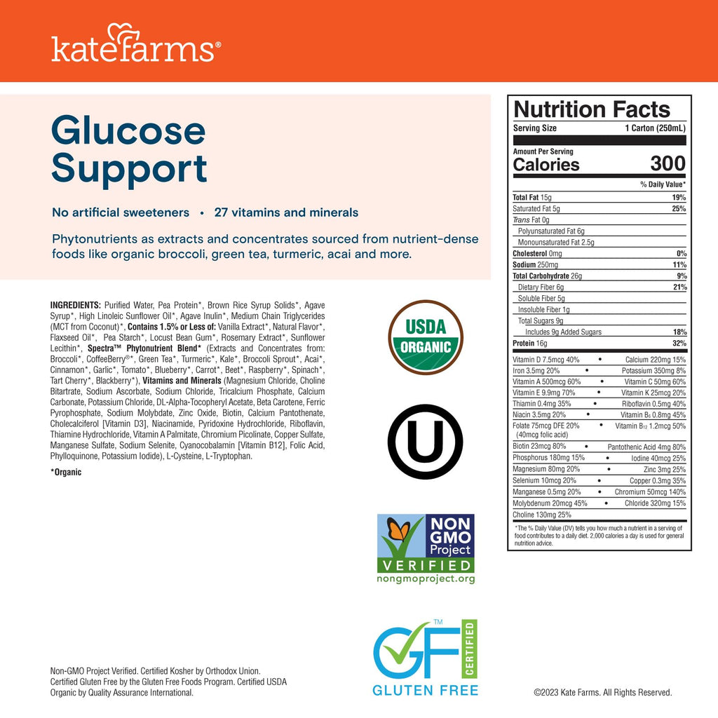 KATE FARMS Organic 1.2 Glucose Support Shake, Vanilla, 16g Protein, 27 Vitamins and Minerals, Diabetic Nutrition Meal Replacement, 8.45 oz (12 Pack)
