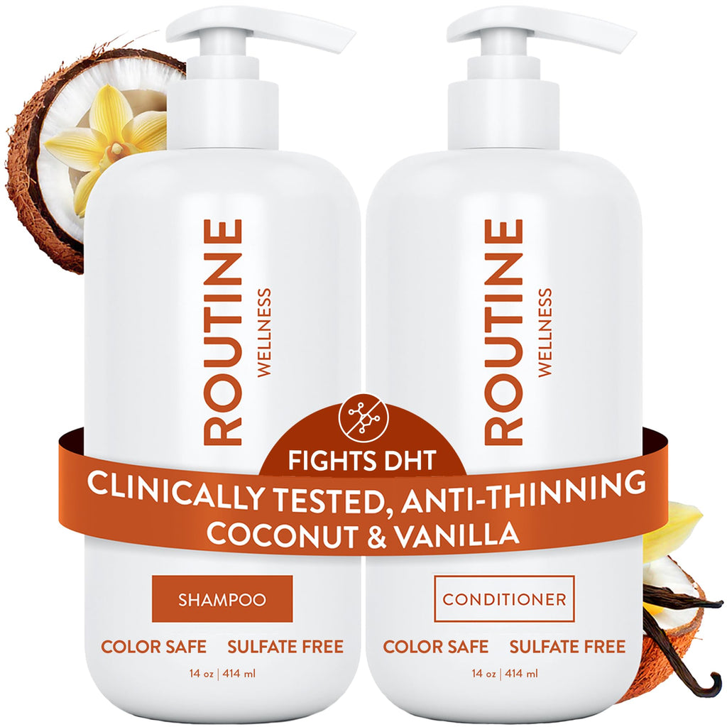 Routine Wellness Anti-Thinning Shampoo and Conditioner Set for Thinning Hair - Biotin DHT Blocker Women & Men - Color Safe Shampoo for Hair Loss & Healthier Hair - Coconut & Vanilla (Pack of 2)