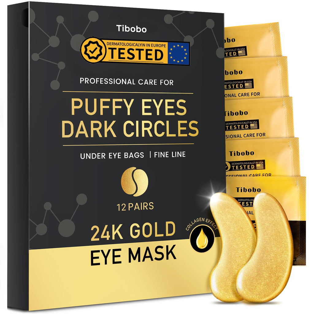 24K Gold Under Eye Patches, 24 Pairs Gel Eye Pads Skincare, Collagen Hyaluronic Acid, Against Dark Circles, Self Care Mask for Bags, Puffiness, Wrinkle Removal, Dermatologically Tested