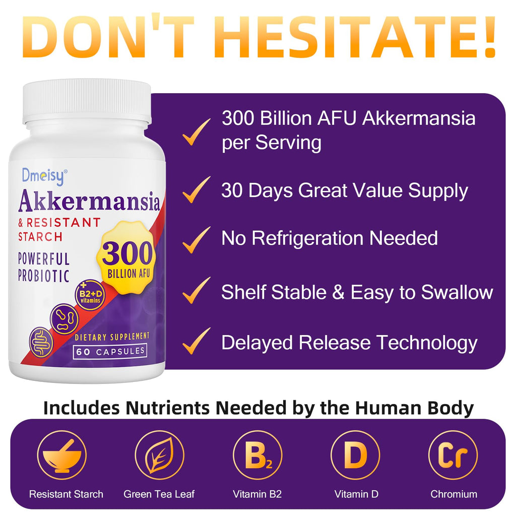 Akkermansia Supplement - 300 Billion AFU Akkermansia Muciniphila, Akkermansia Probiotic for Women & Men, for Boost , Digestive, Gut, Immunity, Enhances Gut Lining Function & Intestinal Walls, 60 Count