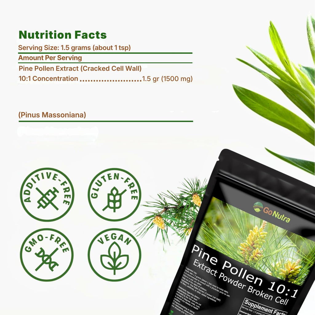 Go Nutra Pine Pollen Powder | Wild Harvested & Broken Cell Wall | Pure 10:1 Pine Pollen Extract, Antioxidant-Rich & Androgenic | Supports Health, Energy | Vegan, Non-GMO, Gluten Free | 16 Ounce (1lb)