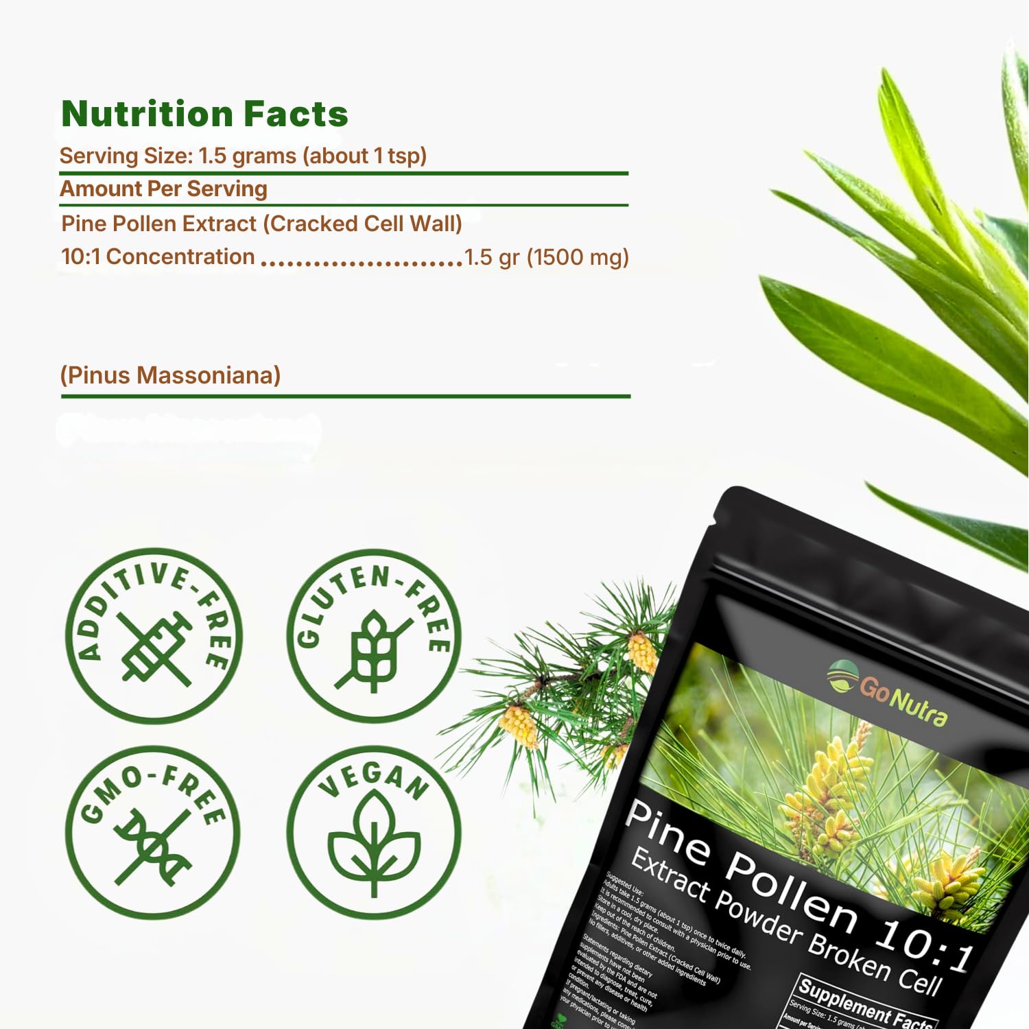 Go Nutra Pine Pollen Powder | Wild Harvested & Broken Cell Wall | Pure 10:1 Pine Pollen Extract, Antioxidant-Rich & Androgenic | Supports Health, Energy | Vegan, Non-GMO, Gluten Free | 16 Ounce (1lb)