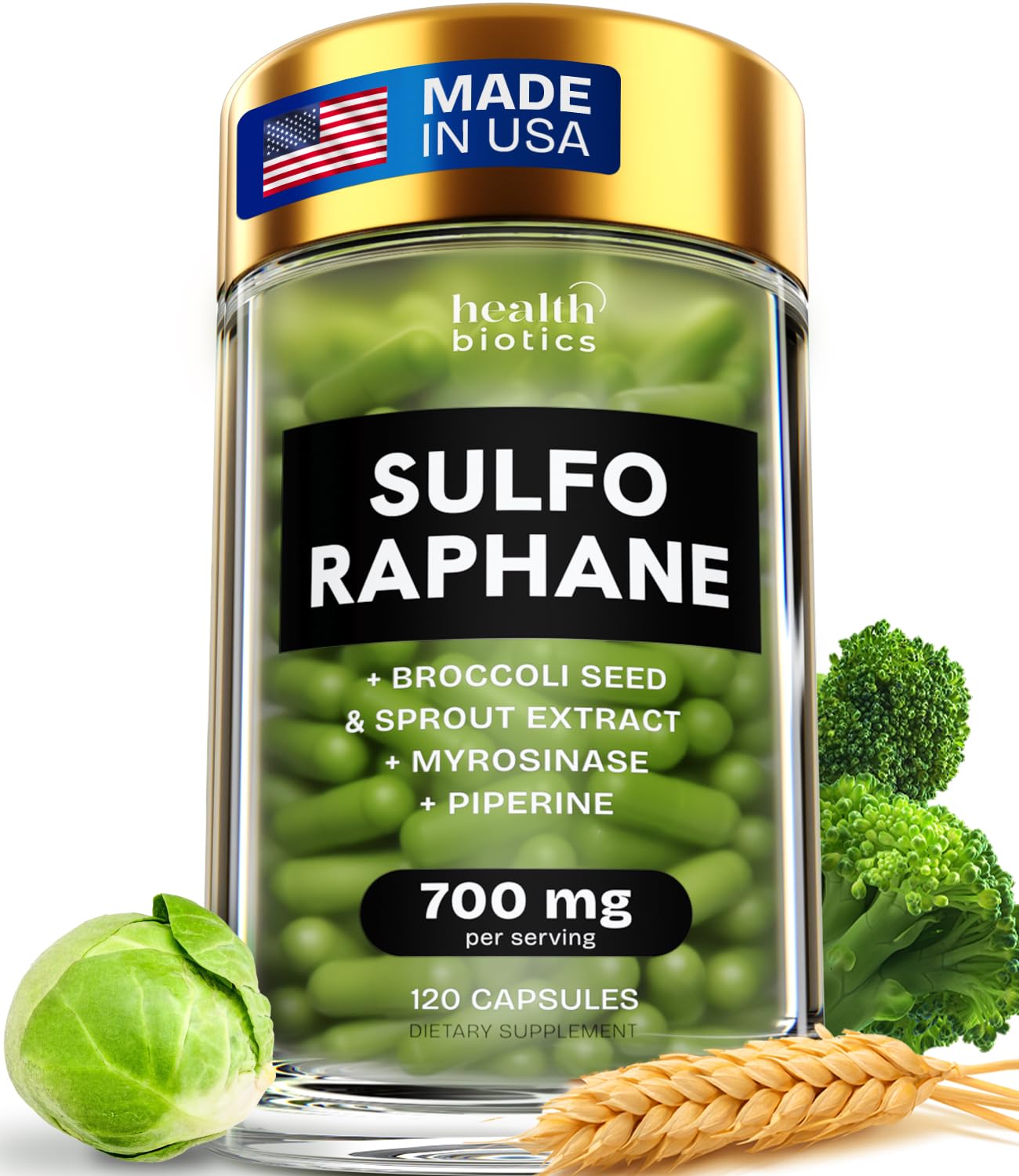 Healthbiotics Sulforaphane Supplement Organic Broccoli Sprouts | Stabilized Sulforaphane from Broccoli Florets & Seeds | Organic Sulfur Supplements 120 Pills | 1 Pack
