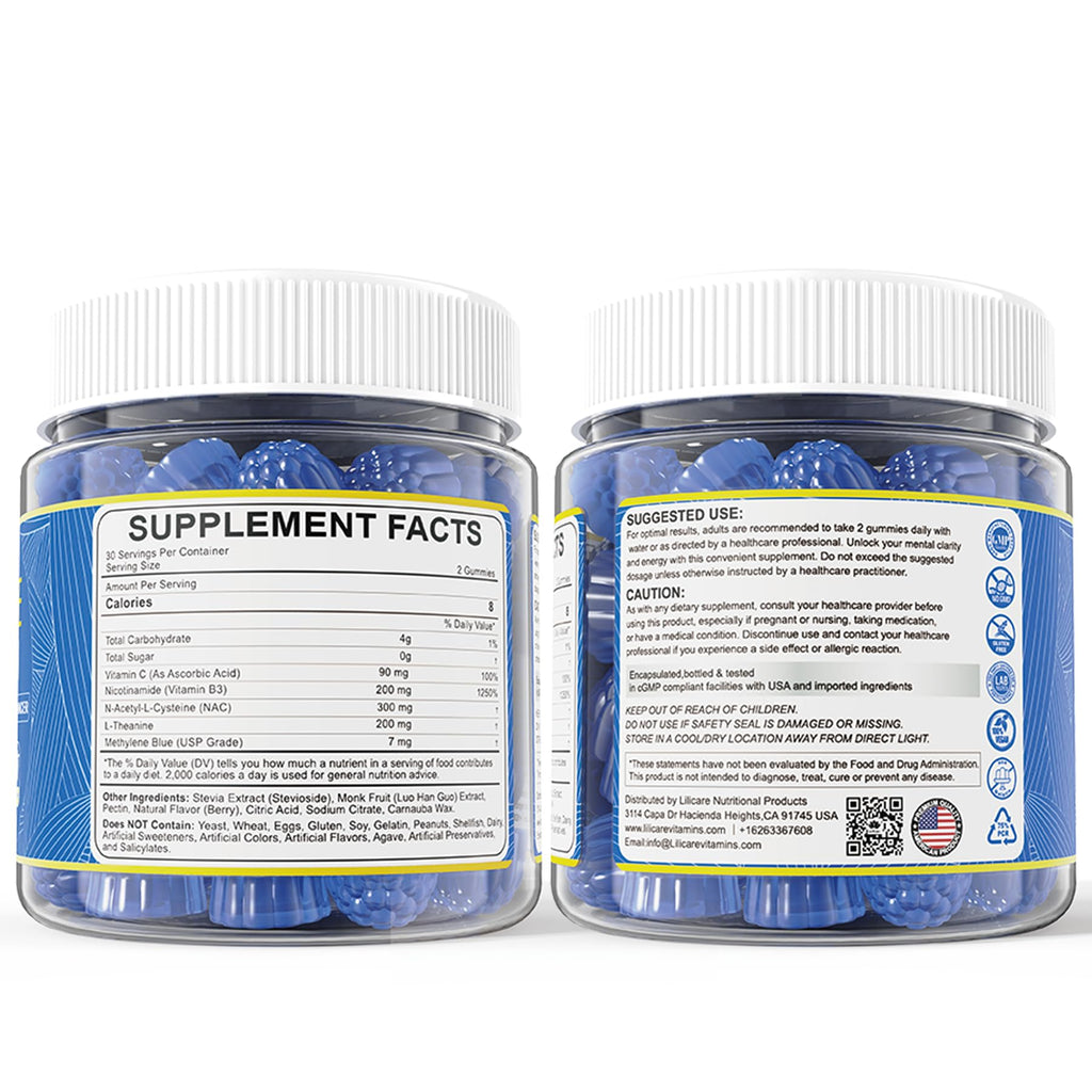 Methylene Blue Gummies for Humans 7mg Per Serving with NAC, Vitamin B3 & L-Theanine, for Cognitive Support & Focus, Energy, High Purity, Vegan, Sugar-Free, 60 Counts