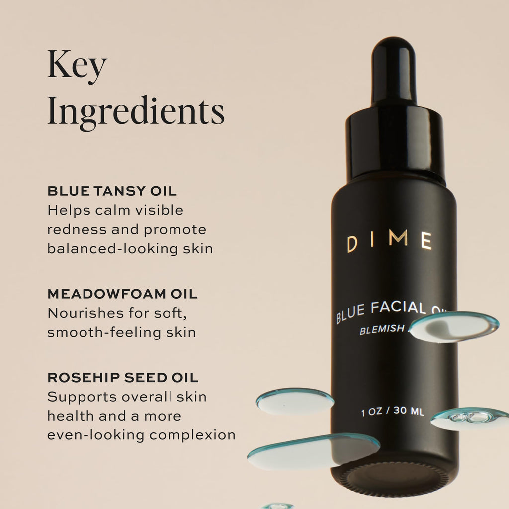 DIME Beauty Blue Facial Oil - Blemish Spot Treatment for Acne-Prone Skin with Blue Tansy, Black Cumin Seed and Rosehip Oil, Hydrating, Vegan and Cruelty-Free Face Oil, 1 oz / 30 ml