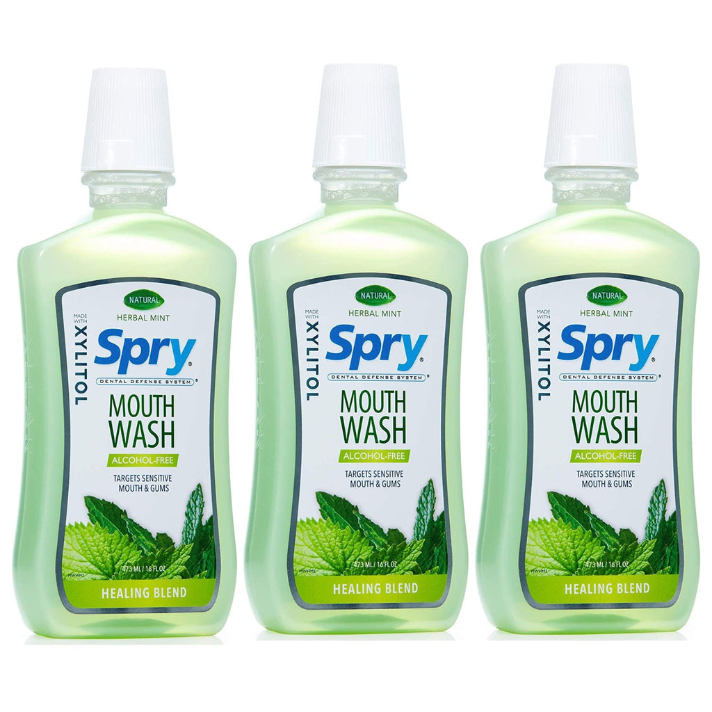 Spry Natural Xylitol Mouthwash Fluoride Free with Enamel Support, Alcohol-Free, Gentle, Non-GMO, Herbal Mint - 16 fl oz (Pack of 3)