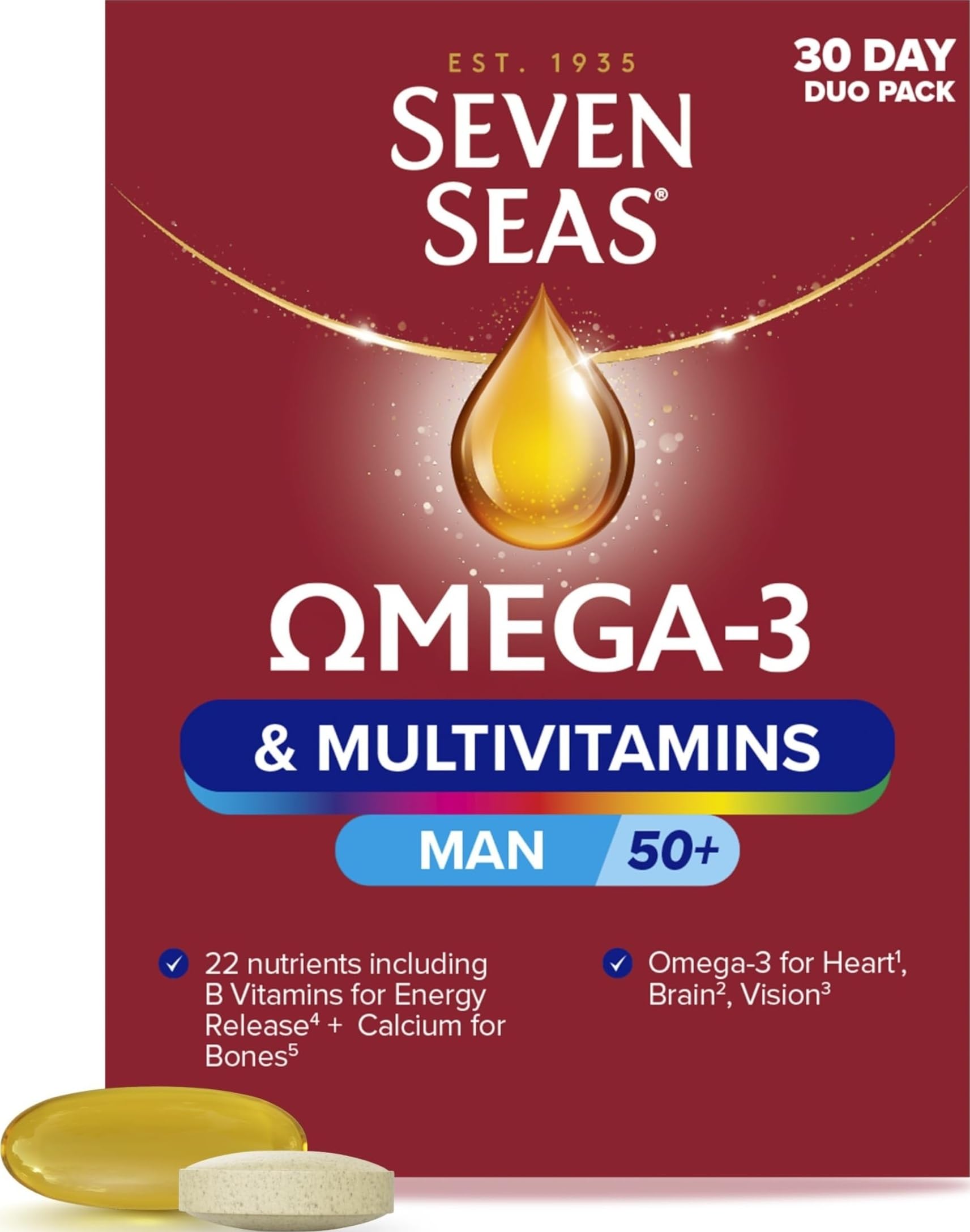 Seven Seas Omega-3 and Multivitamins Man 50plus, 30-Day Duo Pack, with B Vitamins and Calcium, 30 Omega-3 Capsules and 30 Multivitamin Tablets