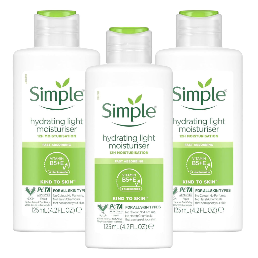 3 x 125mL | Simple Kind To Skin Hydrating Light Moisturiser 125ml | 12 Hrs Moisturisation | For All Skin Types | 3 Pack