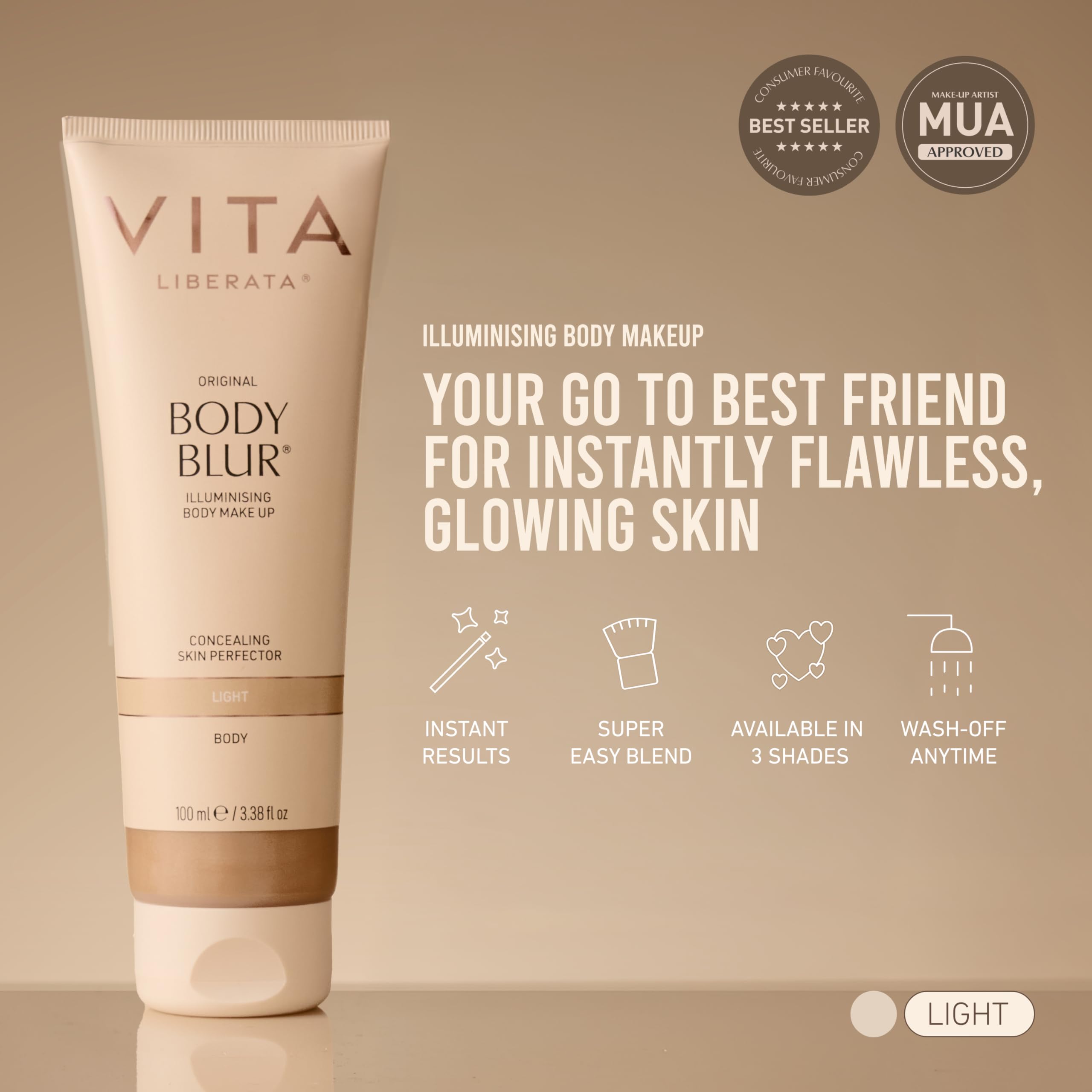 Vita Liberata Body Blur - Light, Skin Perfecting Leg & Body Makeup, Wash Off Instant Tanner, Radiant Glow & Flawless Finish, 3.38 fl oz