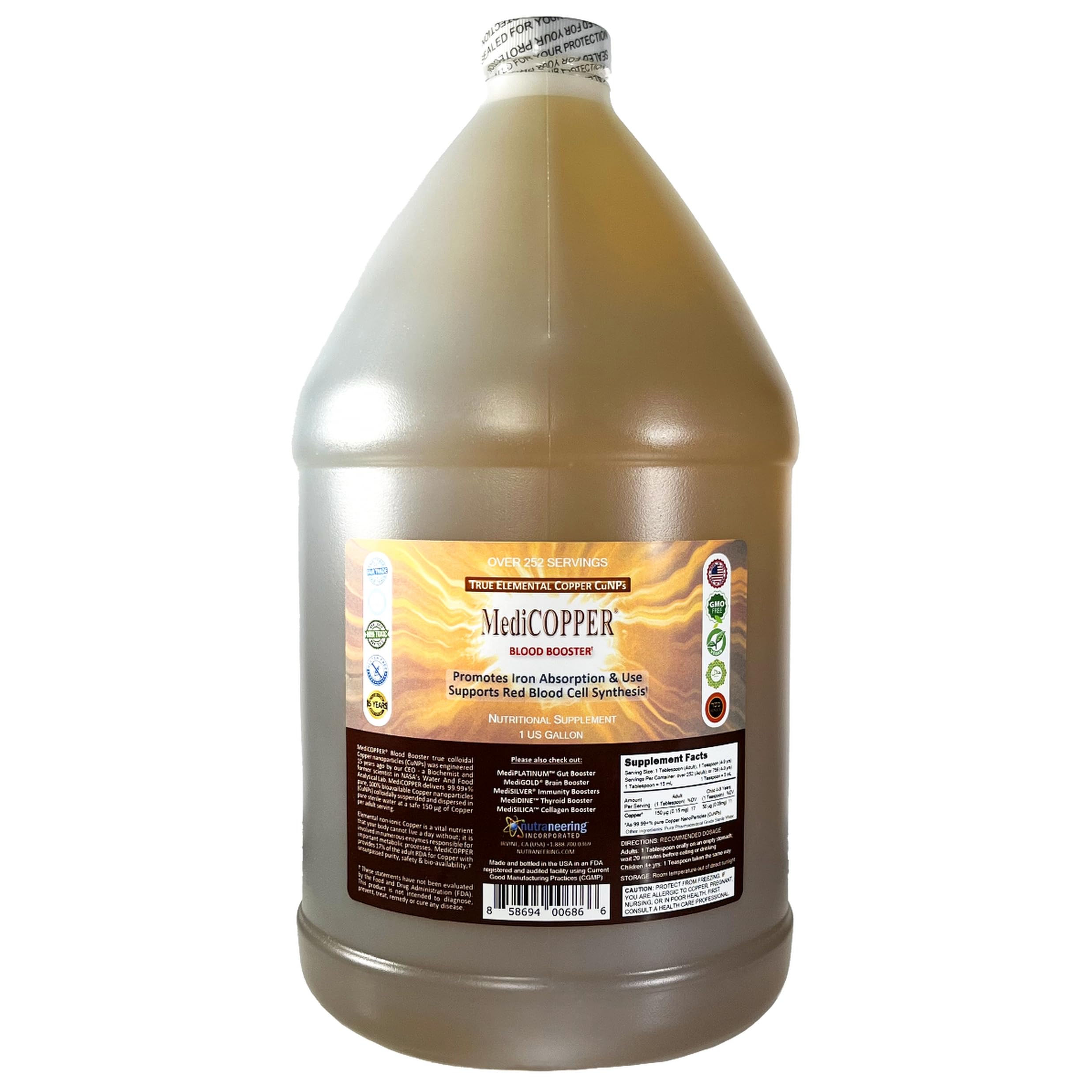 MediCOPPER True Colloidal Copper Dietary Supplement - 1 US Gallon in Opaque BPA-Free Plastic Jug