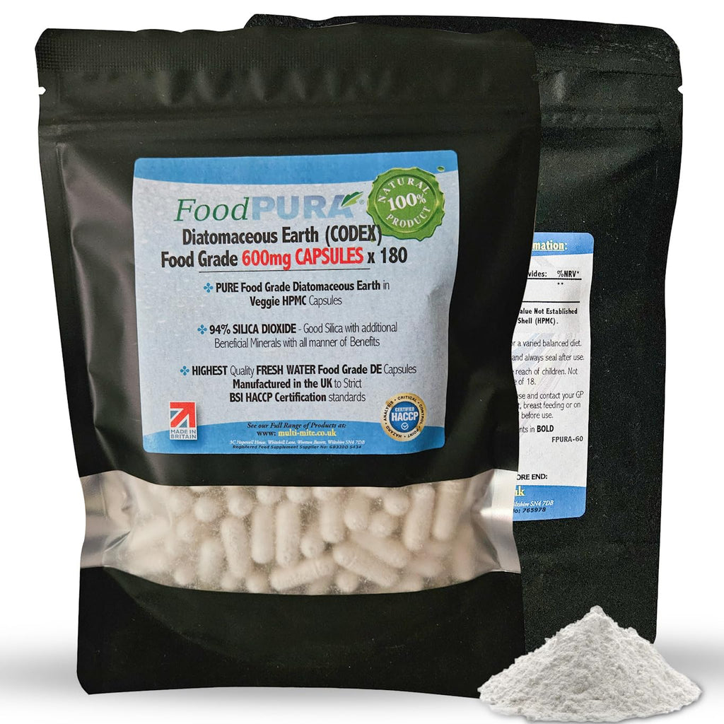 FoodPURA 60 X Food Grade Diatomaceous Earth Capsules (Codex) Pure White 94% Silica Fresh Water Sourced 600mg - Capsules, The SAFEST Way to take Supplements!