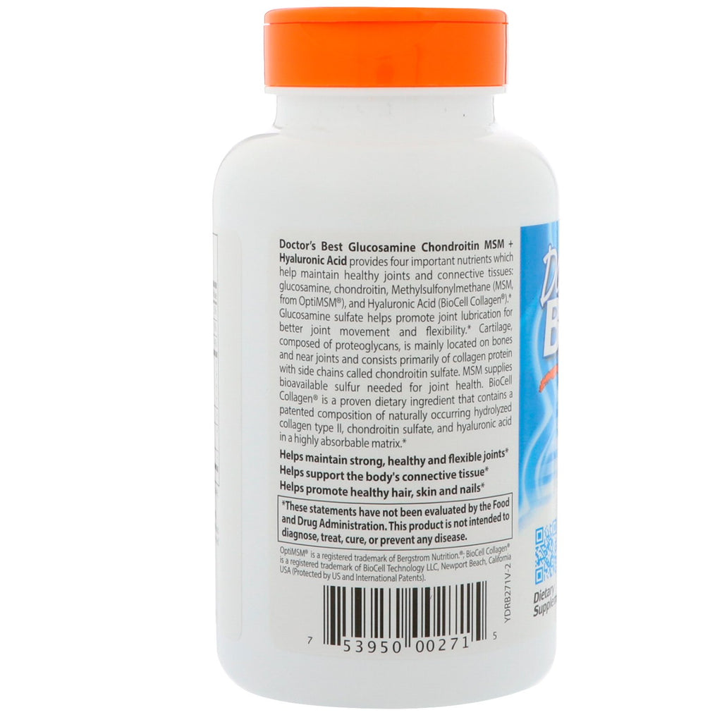 Doctor's Best Glucosamine Chondroitin MSM + Hyaluronic Acid with OptiMSM Featuring Biocell Collagen, Joint Support, Non-GMO, Gluten & Soy Free, 150 Caps