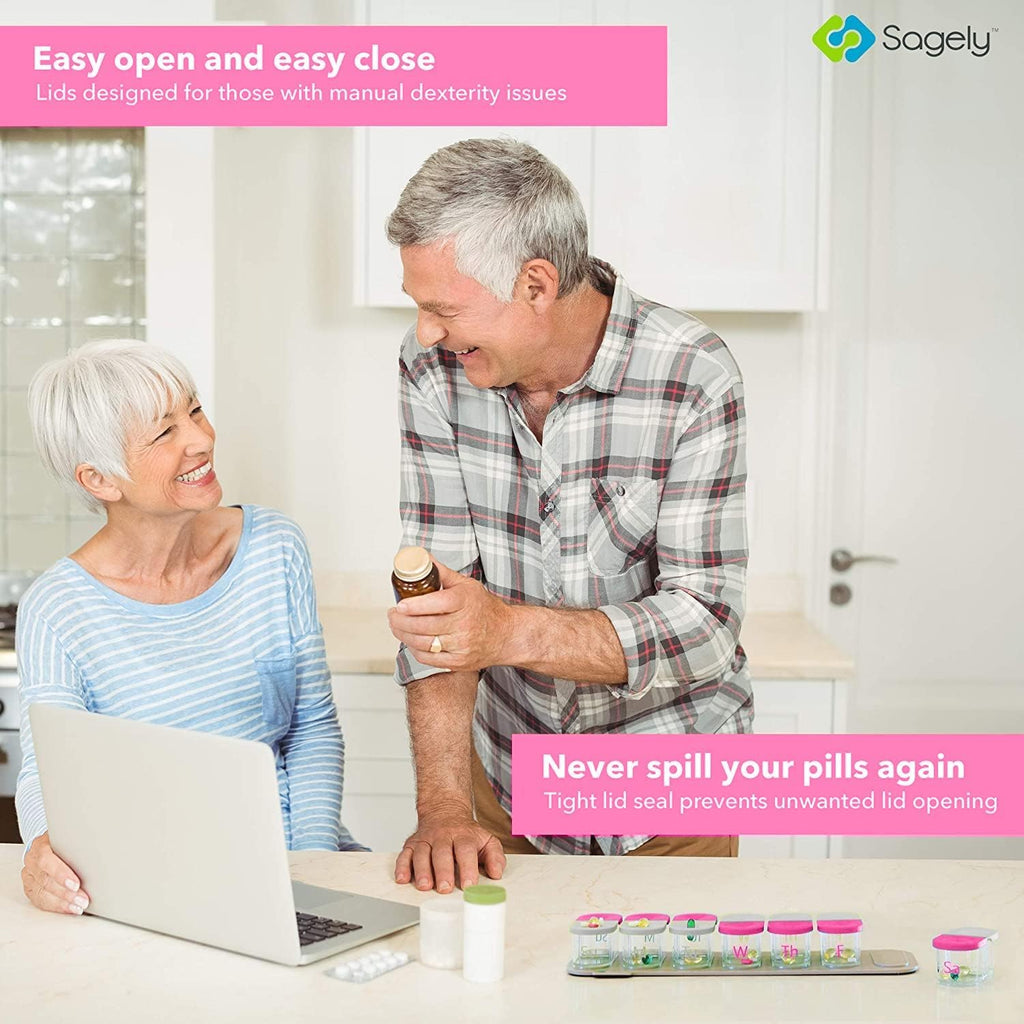 Sagely XL Pill Organizer, Weekly Pill Box, Cute Durable Magnetic Removable Pods, Easy to Use, Spill Proof, Extra Large Enough to Fit Fish Oil, Cod Liver Oil, Supplements & Vitamins (Pink/Gray)