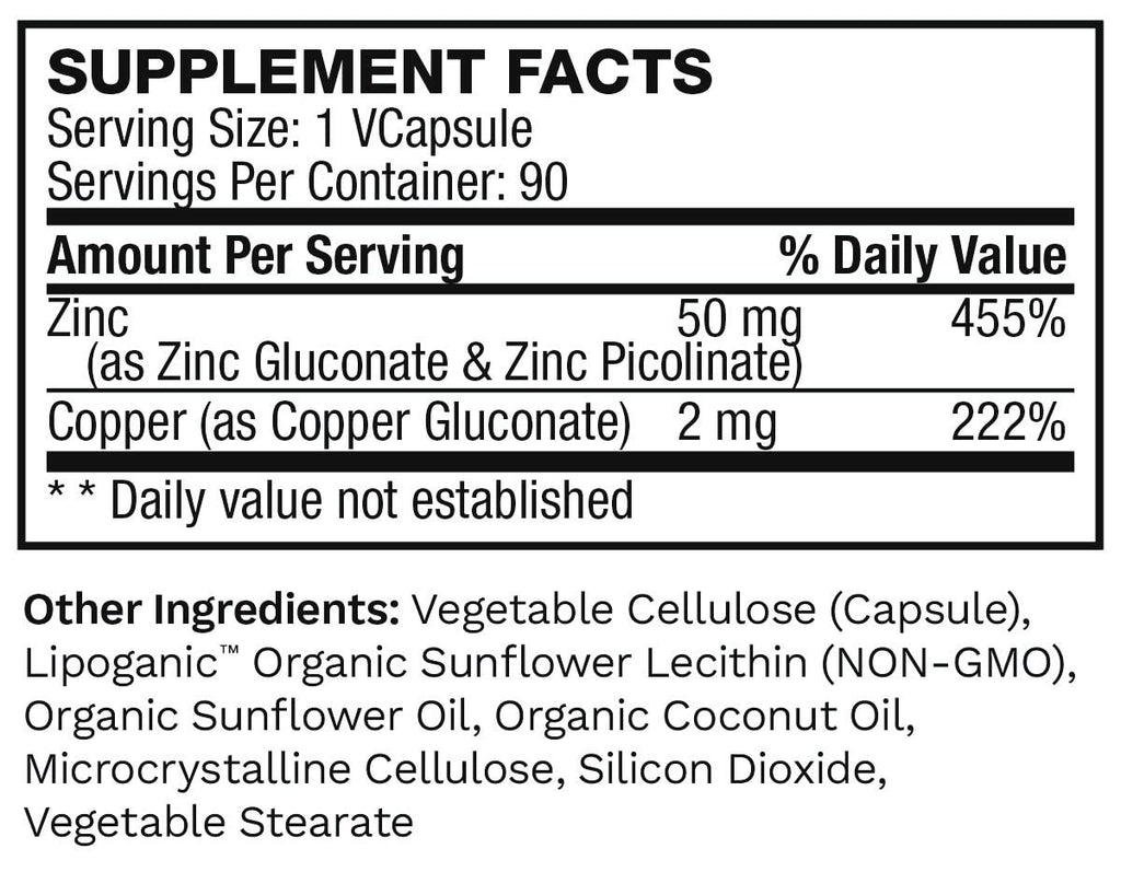 Liposomal Pure Zinc Picolinate Supplement with Copper, Immune Support, Metabolism, and Skin Health | High Potency, for Adults Men & Women | Powerful Antioxidant | 90 Capsules (Pack of 2)