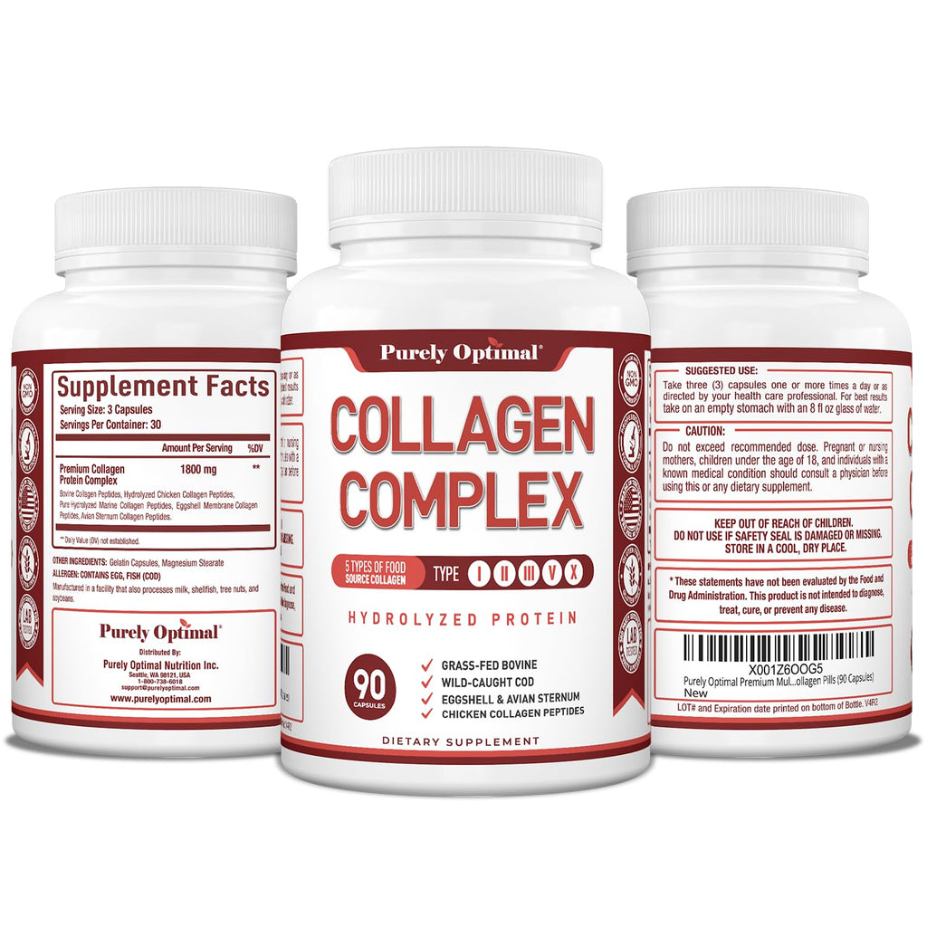 Purely Optimal Premium Multi Collagen Peptides Capsules (Types I, II, III, V, X) - Hair, Skin and Nails, Digestive & Joint Health Supplement, Hydrolyzed Collagen Pills (90 Capsules)