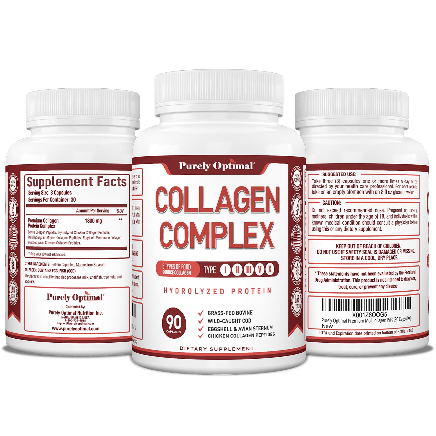 Purely Optimal Premium Multi Collagen Peptides Capsules (Types I, II, III, V, X) - Hair, Skin and Nails, Digestive & Joint Health Supplement, Hydrolyzed Collagen Pills (90 Capsules)