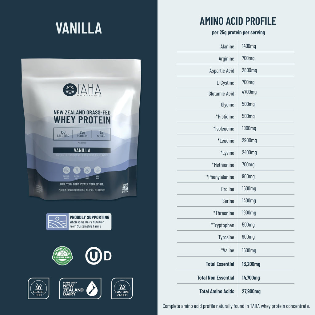TAHA Vanilla Whey Protein Concentrate, 25g Protein, Grass-Fed, 2lb