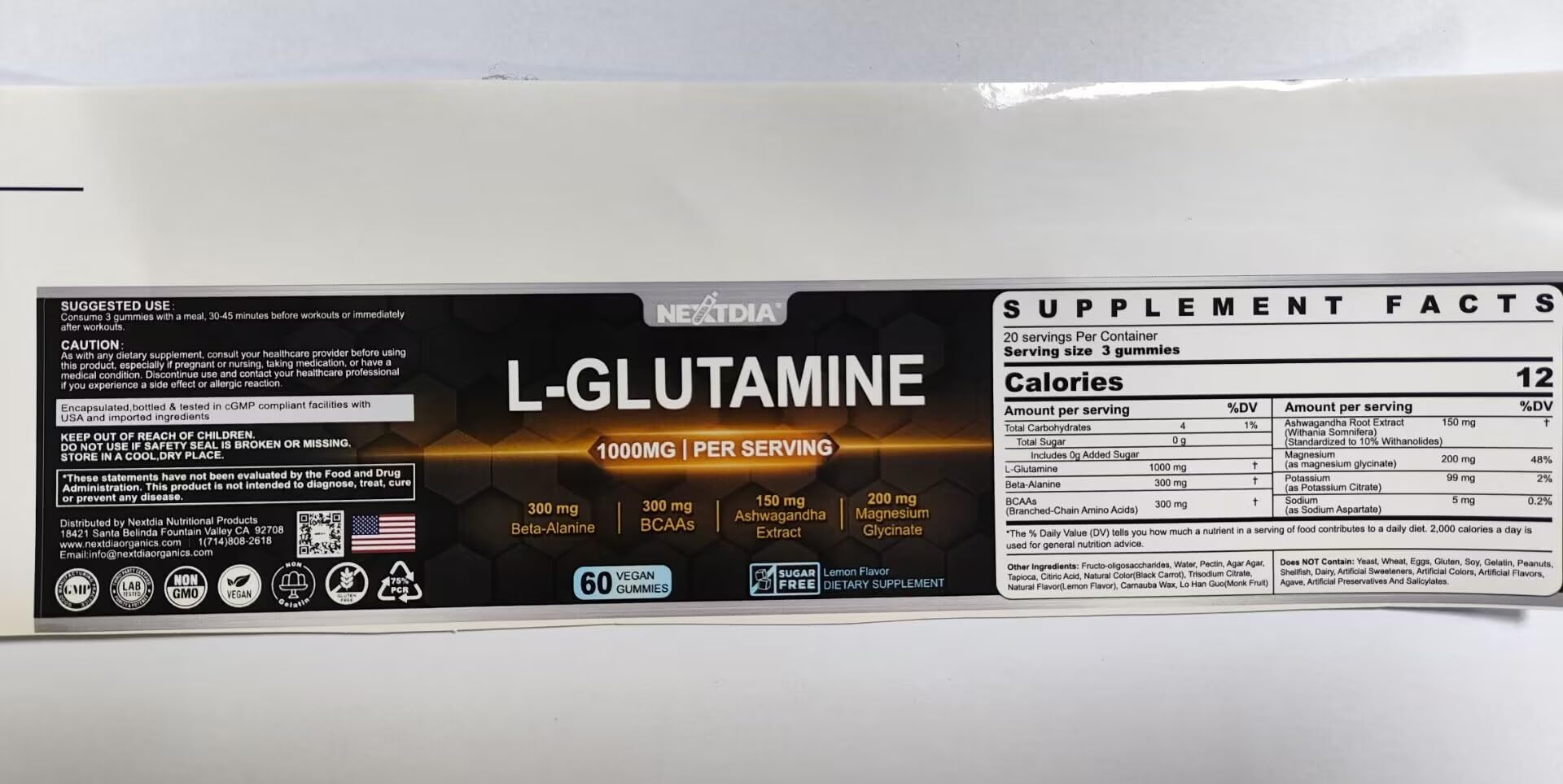Nextdia L-Glutamine 1000mg Gummies for Women & Men| with Beta-Alanine, BCAAs, Magnesium Glycinate, Potassium & Ashwagandha | Vegan | Sugar-Free & Extra-Chewy | 120 Counts