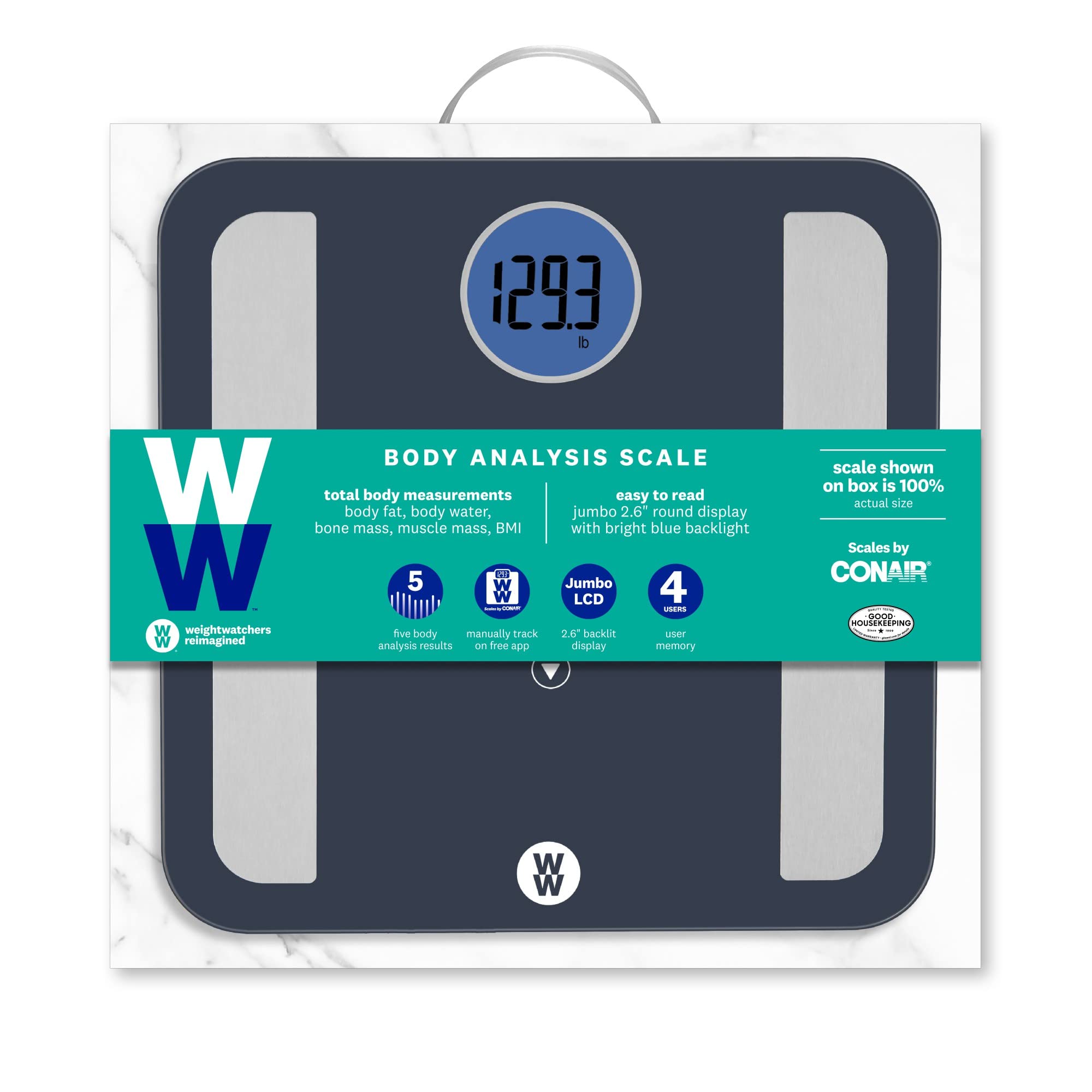 Weight Watchers Scales by Conair BathroomScale for BodyWeight,Glass Digital Scale,Body Analysis Measures Body Fat,Body Water,BMI,Bone Mass&Muscle for 4Users,Measures Weight up to 400Lbs in Black&Blue