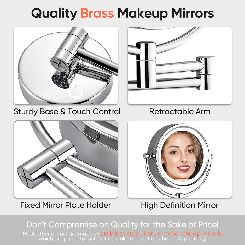 GURUN Wall Mounted Hardwired Makeup Mirror with 3 Tones Dimmable LED Lights 10x Magnifying Mirror with Touch Control for Bathroom Bedroom 13" Extendable Arm Direct Wire (10x, Chrome)