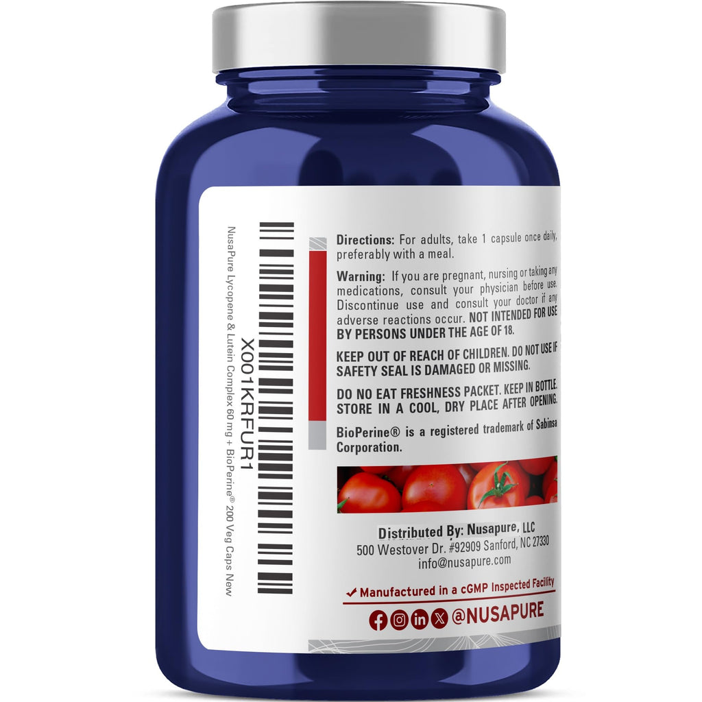 NusaPure Lycopene & Lutein Complex 60mg per Caps, 200 Veggie Capsules (Non-GMO, Vegan)