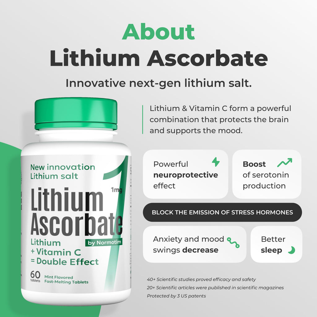 NORMOTIM Lithium Ascorbate 1 mg with Vitamin C - 60 Tablets – Brain Supplements for Memory and Focus, Mood and Stress Relief Supplement, Lithium Orotate (180 Tablets)