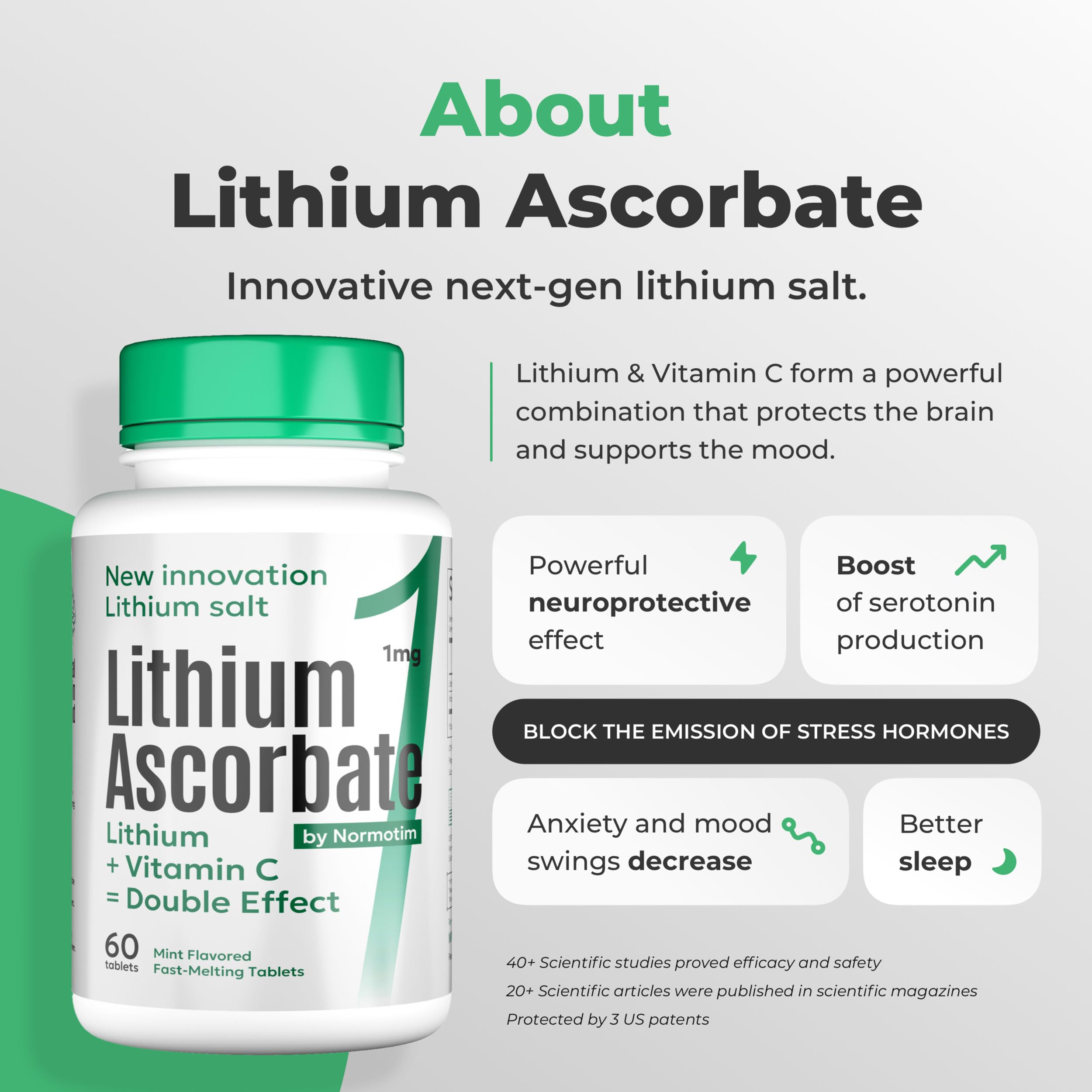 NORMOTIM Lithium Ascorbate 1 mg with Vitamin C - 60 Tablets – Brain Supplements for Memory and Focus, Mood and Stress Relief Supplement, Lithium Orotate (180 Tablets)