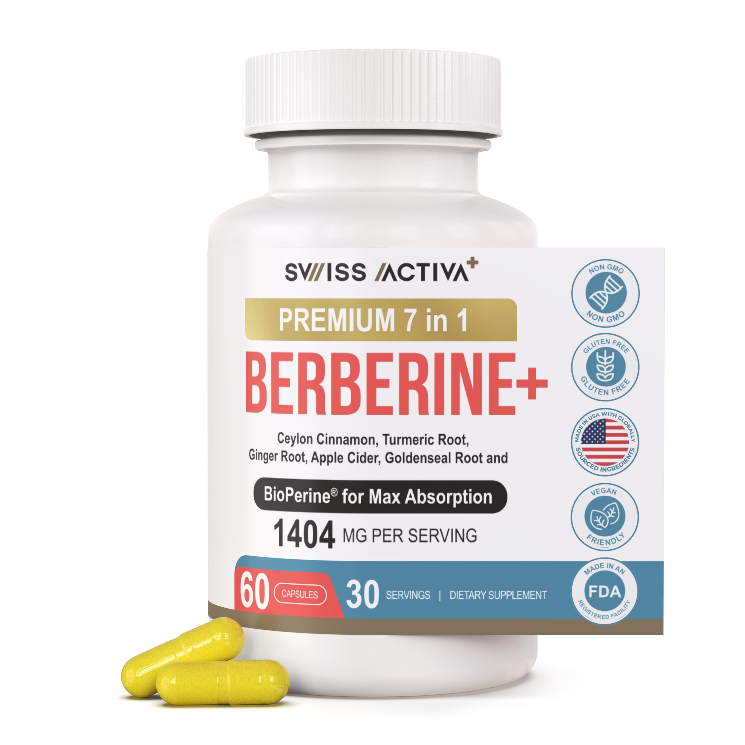 Swiss Activa+ Labs Organic Berberine 7-in-1 Supplement with Bioperine | Ceylon Cinnamon | Turmeric Root | Ginger Root | Apple Cider Vinegar | Metabolic & Digestive Support | 30-Days Supply