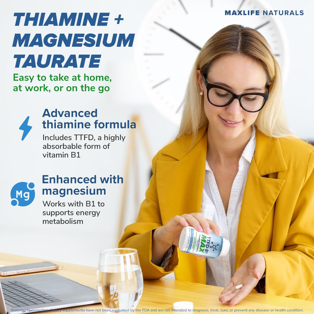 MAXLIFE NATURALS TTFD Thiamine B1 Supplement – 60 Capsules, High Potency Vitamin B1 Thiamine Supplement for Focus, Supports Optimal Nerve Function, TTFD-B1 Max Formula with Magnesium, Made in USA