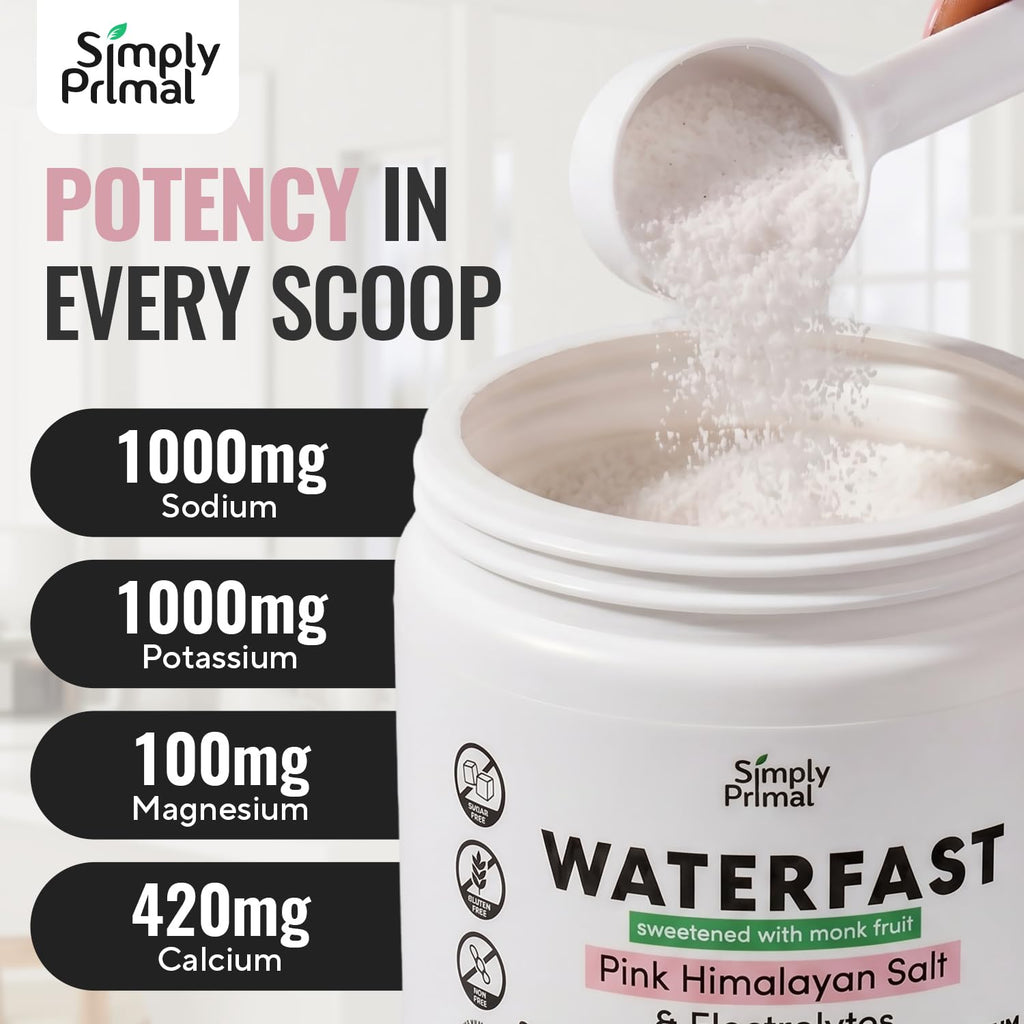 Simply Primal WATERFAST Monk Fruit Keto Electrolyte Powder for Fasting and Hydration- Strawberry Watermelon Flavor | Pink Himalayan Salt (Sodium), Potassium, Magnesium, Calcium | Sugar Free