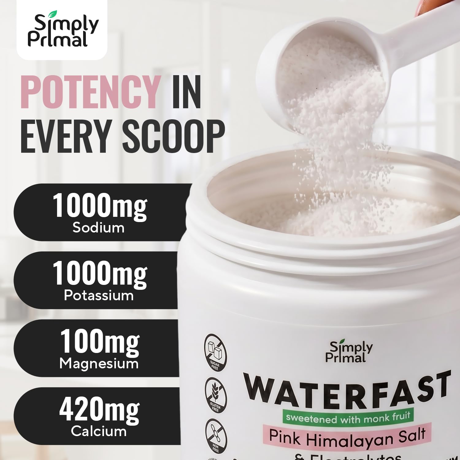 Simply Primal WATERFAST Monk Fruit Keto Electrolyte Powder for Fasting and Hydration- Strawberry Watermelon Flavor | Pink Himalayan Salt (Sodium), Potassium, Magnesium, Calcium | Sugar Free
