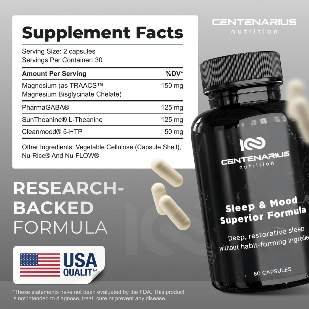 Centenarius Nutrition Sleep and Mood Formula with L-Theanine, 5-HTP, PharmaGABA + More for Sleep + Enhanced Mood & Stress Levels (60 Count)