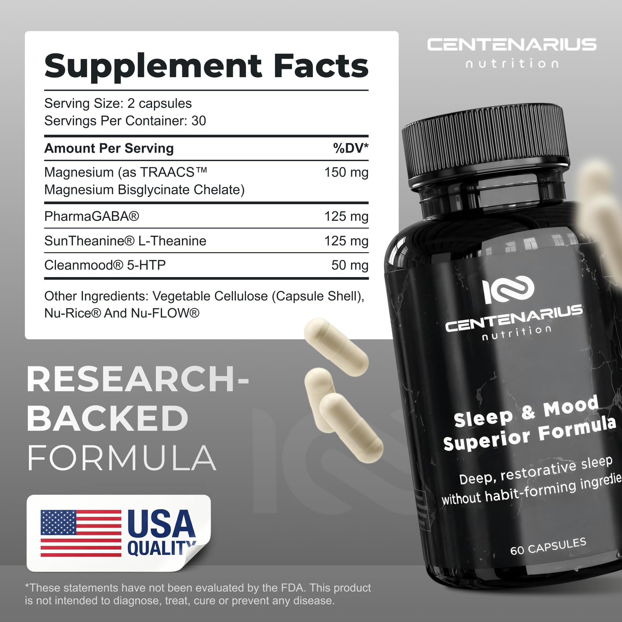 Centenarius Nutrition Sleep and Mood Formula with L-Theanine, 5-HTP, PharmaGABA + More for Sleep + Enhanced Mood & Stress Levels (60 Count)