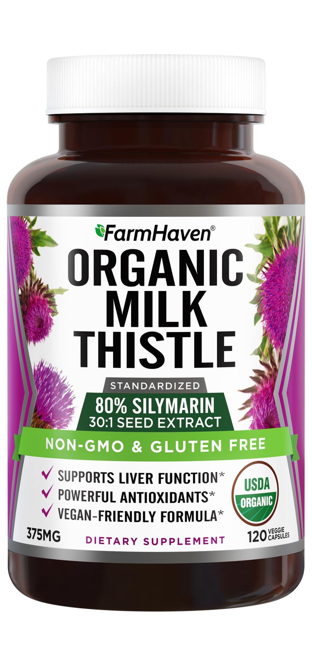 FarmHaven USDA Organic Milk Thistle Capsules | 30X Concentrated Seed Extract & 80% Silymarin Standardized - Supports Liver Function and Overall Health | Non-GMO | 120 Vegan Capsules