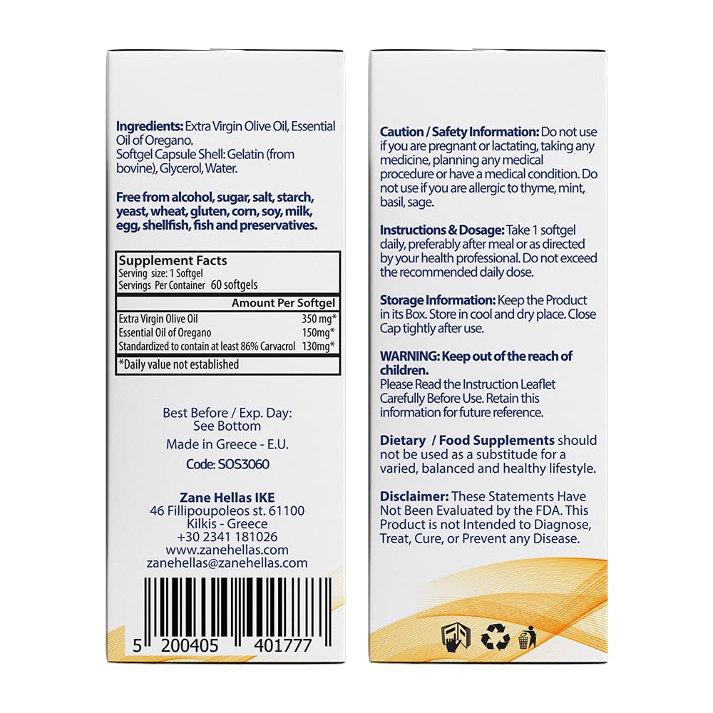 Zane Oregano Oil Softgels, 30% Oregano Oil, 130mg Carvacrol, 60 Softgels