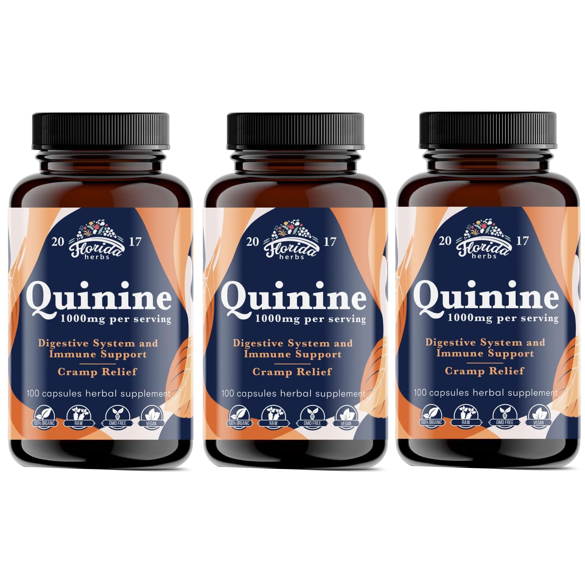 FLORIDA HERBS Leg Cramp Support – Organic Quinine Capsules from Cinchona Bark – 1000 mg Vegan Supplement – Muscle & Leg Cramp Relief – Made in USA – 330 Count (3 Bottles Total)